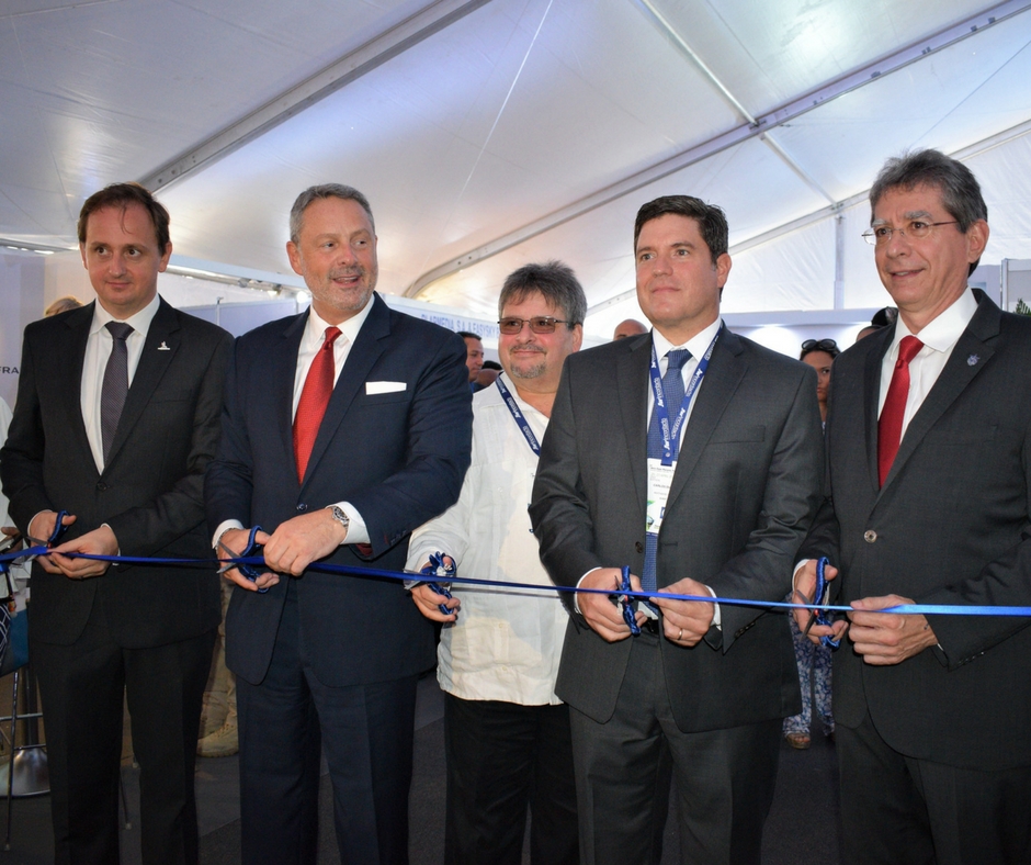 Ribbon Cutting Ceremony at the AeroExpo Panama Pacifico 2017- Yvan Boniface, Aero Expo Panama; John Feeley, US Ambassador; Dr. Umberto Alvarez, UTP; Carlos Duboy, Tocumen SA; Alfredo Fonseca, AAC