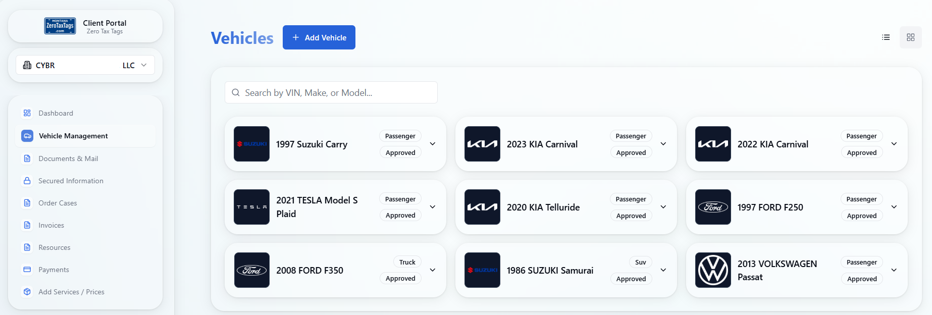 ZeroTaxTags customer portal dashboard showing LLC documents and vehicle registration management system