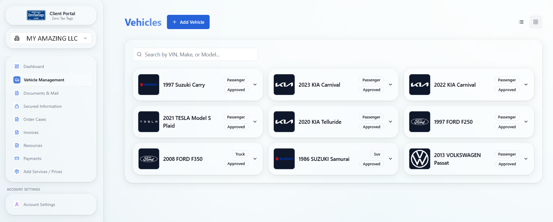 ZeroTaxTags customer portal vehicle management dashboard showing Montana LLC registered vehicles including Tesla, KIA, Ford, and Volkswagen
