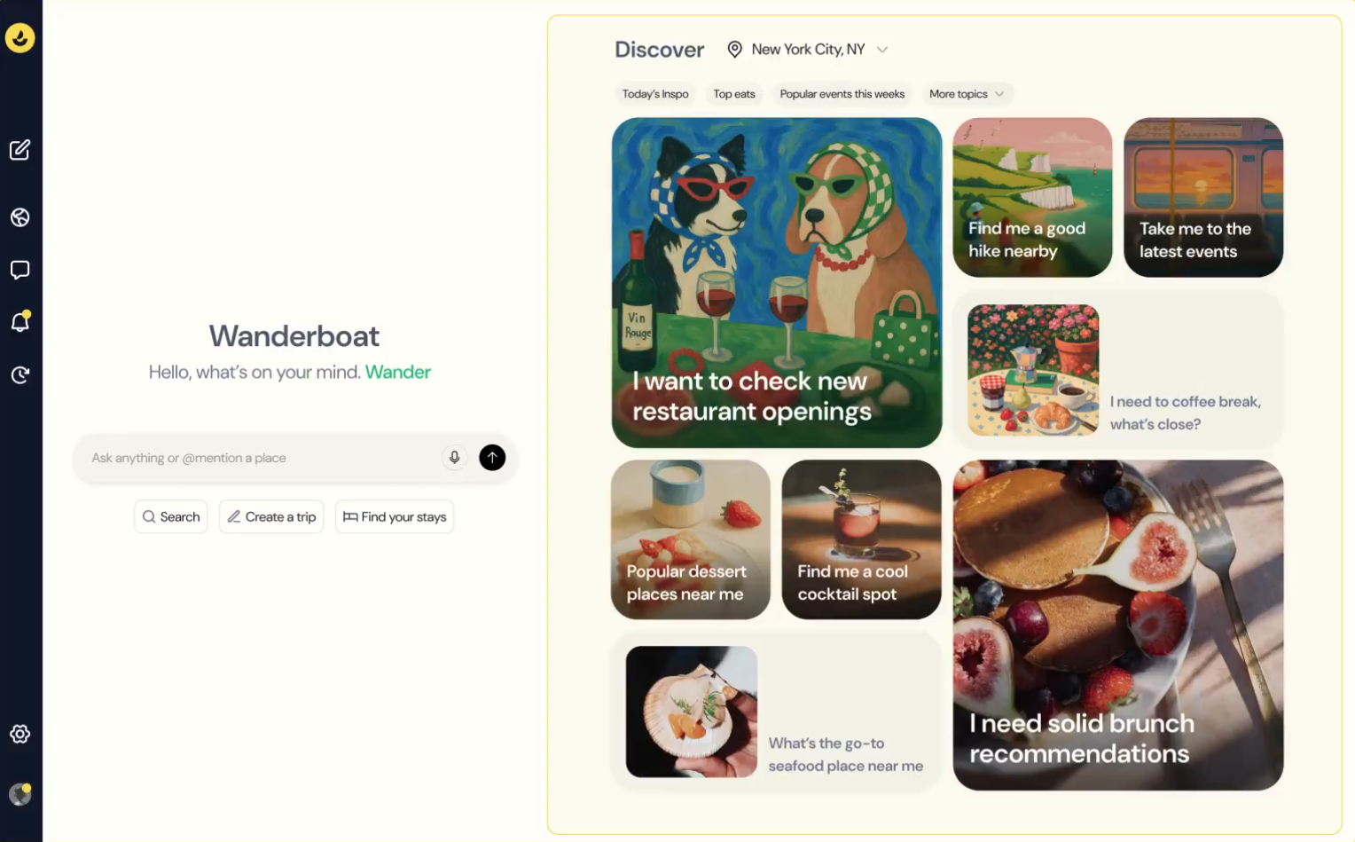 Wanderboat AI desktop platform showing split-screen view