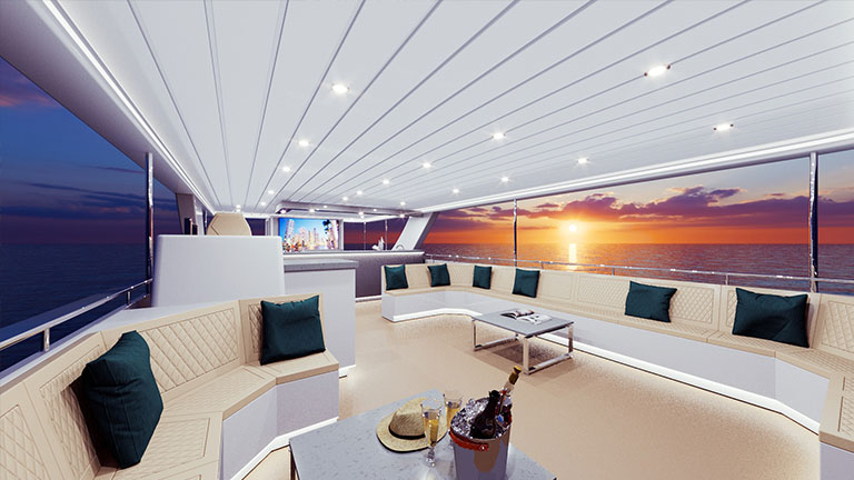 The Skyline private charter catamaran on the Hudson River with the Manhattan skyline in the background