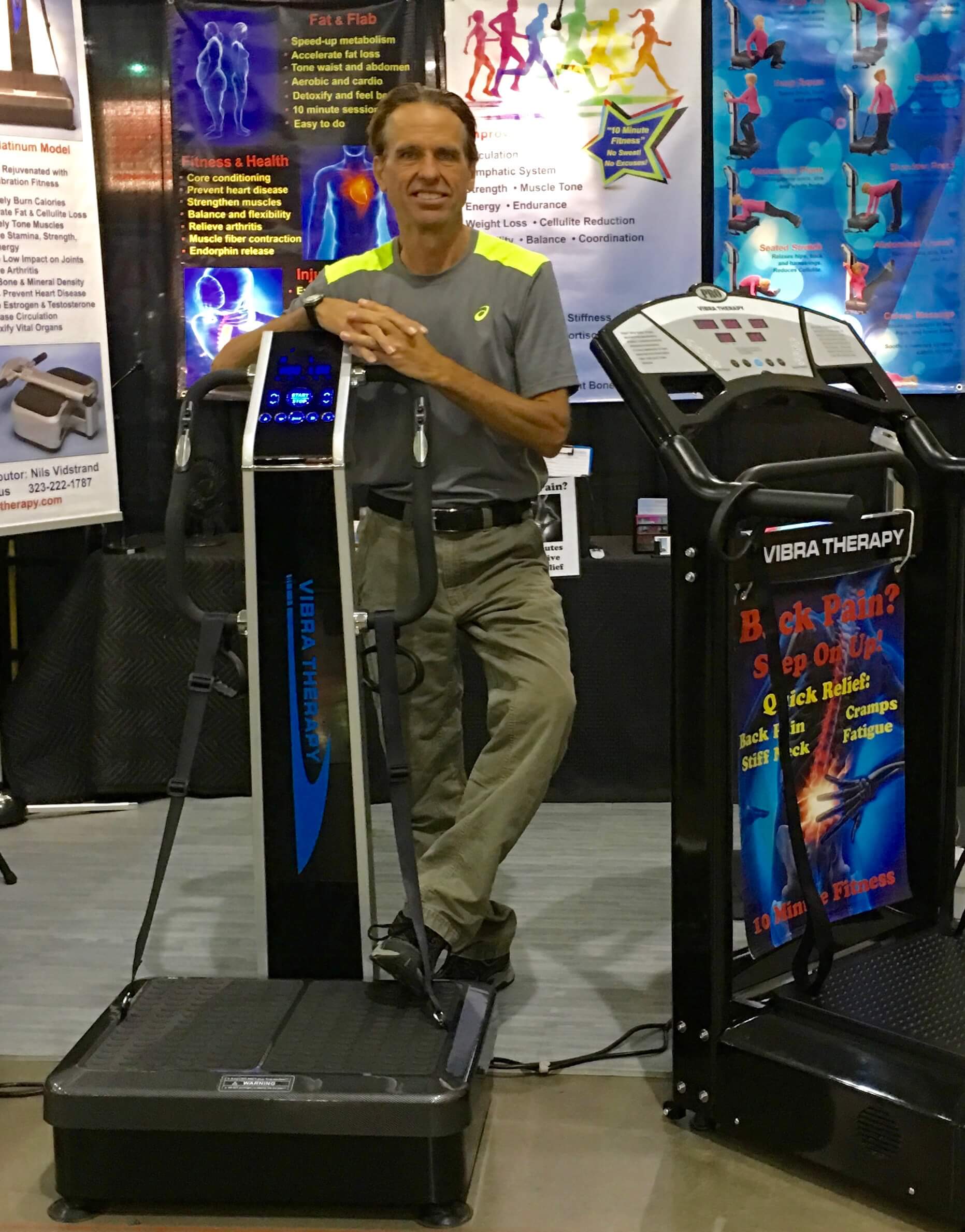 Nils Vidstrand of Vibrate Fitness demonstrates vibration exercise machines for the  Maricopa Home and Garden Expo in Phoenix.