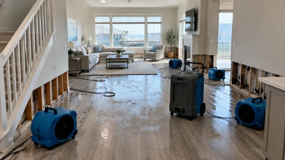 WaterDamageCostaMesa.net: generated illustration of air movers and a dehumidifier drying a townhome living area with opened lower walls